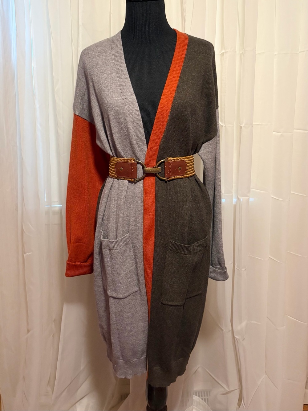 Charcoal Rust And Gray Color Block Soft Medium Weight Knit Long Cardigan EUC